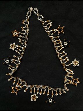 Handmade Beaded Star Fringe Necklace - Black, Gold & Silver